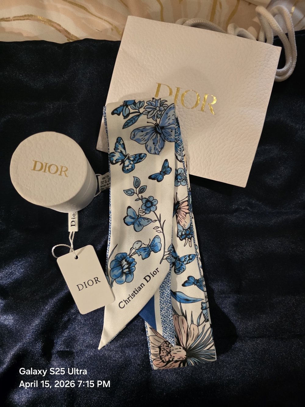 Dior Floral Silk Twilly Scarf in Blue and Cream. Comes W/Box and Bag. NWT